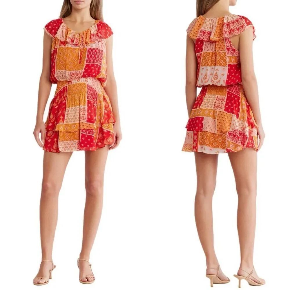 NWT Ramy Brook Mittie Cap Sleeve tiered mini dress in Flame patchwork Size S